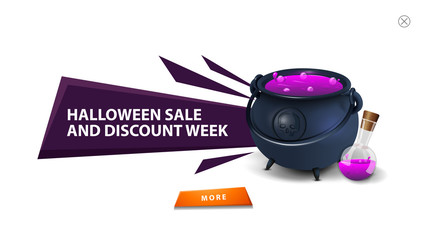 Halloween sale and discount week, modern purple discount pop up for your website with witch's cauldron with potion. Pop up for your art isolated on white background