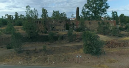 Aerial view of Mina de São Domingos, ancient mine ruins, famous tourist destination, Alentejo, Portugal.