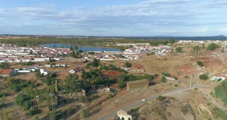 Aerial view of Mina de São Domingos, ancient mine ruins, famous tourist destination, Alentejo, Portugal.