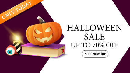 Halloween sale, up to 50% off, modern discount banner for your website with big arrow on background, spell book and pumpkin Jack