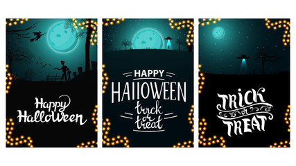 Fototapeta na wymiar Set Halloween greeting vertical postcard with beautiful Halloween lendscape on background