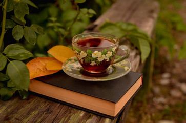 A hardback book lies on a bench in the autumn park, and near the book is a cup of tea and yellow leaves. Emotional romantic photo. Photo in warm evening colors.