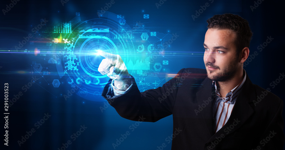 Poster man touching hologram screen displaying medical symbols and charts