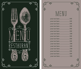 Vector template menu for restaurant with price list, realistic fork and spoon in figured frame with curls in retro style