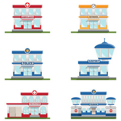 Buildings of different services. Front view. Vector illustration. Isolated on white background.