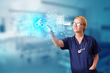 Doctor touching hologram screen displaying healthcare running symbols