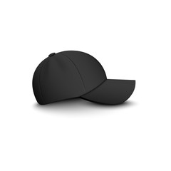 Baseball black blank cap side view 3d vector mockup illustration isolated.