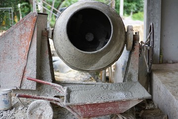 Closeup concrete mixer at the construction site
