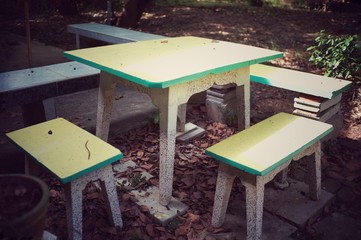 Outdoor set of colourful table and chairs in backyard 