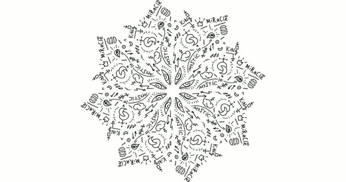 4K Animated circle black and white magic and occult mandala pattern drawing. Artistic hand drawn graphic video clip.