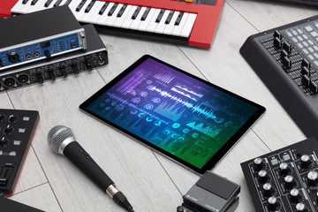 Electronic music instruments, microphone, piano, consoles and tablet with reports concept
