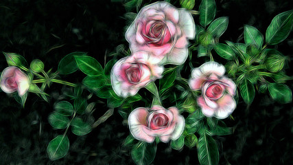 Abstract floral background of fractal pink roses with neon glow. You can use it as a computer desktop background