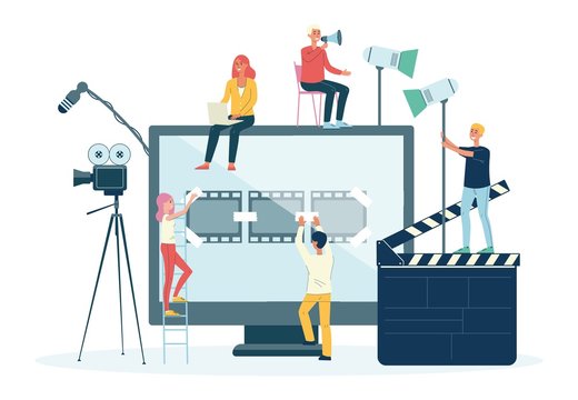 Movie films and video production crew people flat vector illustration isolated.