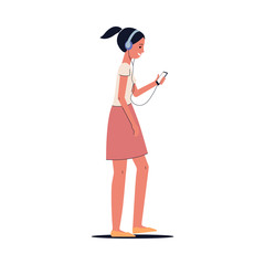 Cartoon girl with headphones walking and listening to music while looking at phone screen