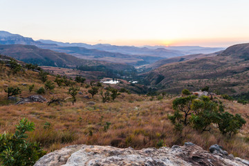 The sun rises over the foothills of the Drakensburg, near Bergville, South Africa