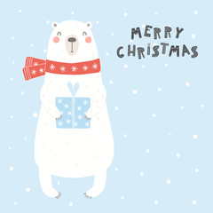 Hand drawn card with cute polar bear in muffler, with gift, quote Merry Christmas. Vector illustration. Isolated objects on white background. Scandinavian style flat design. Concept kids print.