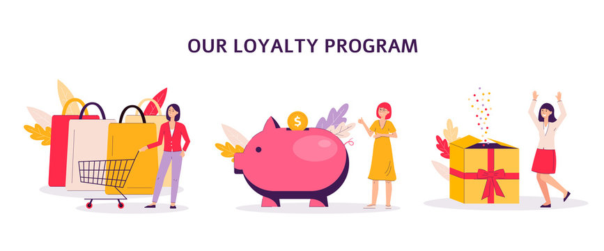 Loyalty savings program with women cartoon flat vector illustration isolated.