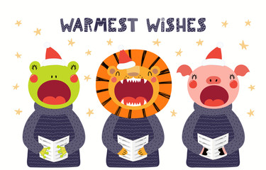 Hand drawn Christmas card with cute frog, pig, lion singing carols, with quote Warmest wishes. Vector illustration. Isolated objects on white. Scandinavian style flat design. Concept for kids print.