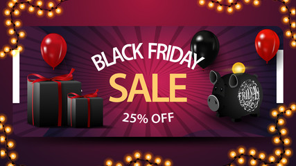Black friday sale, up to 25% off, purple discount banner with piggy Bank, balloons and gifts.