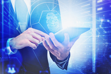 Man with tablet, cyber security concept