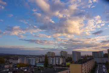 Urban landscape, city, Szczecin, Poland, clouds, top-view, blocks, churches embedded between buildings, city center