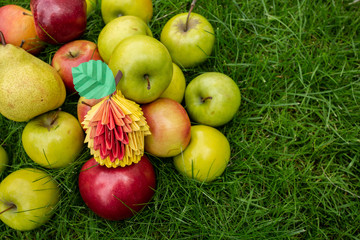 Apple harvest background, wicker basket on green grass, top view papercraft origami art autumn card