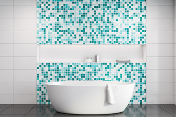 White and blue mosaic bathroom interior with tub