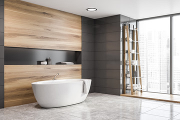 Panoramic gray tile and wooden bathroom corner