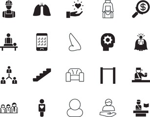 people vector icon set such as: closeup, connection, building, industry, profiles, telephone, digital, financial, leisure, superhero, plastic, hand, occupation, waiting, household, knowledge