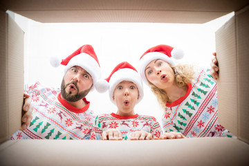 Surprised family unpack Christmas gift box
