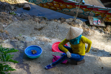 Woman selling fish while on cellphone, Vietnam