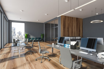 Gray open space office, meeting room and lounge