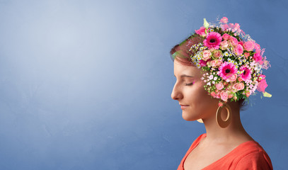 Blossomed head with colorful flowers and spring concept