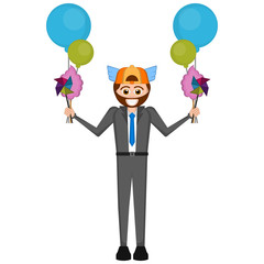 Young man with balloons, windmills and cotton candy. Kidult conceptual illustration - Vector