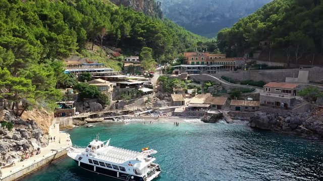 Aerial drone video footage of Port de Sa Calobra bay, Mallorca