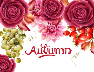 Watercolor rose flowers, grapes, berries and autumn leaves greeting card vector. Floral bouquet decor