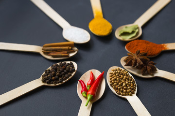 circular composition of assorted spices in wooden spoons on a dark background. chili pepper and coriander in the front. close up