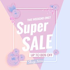 Super Sale banner template. Pastel pink color design background. Vector illustration