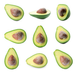 Set of fresh ripe avocados on white background