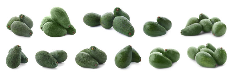 Set of fresh ripe avocados on white background