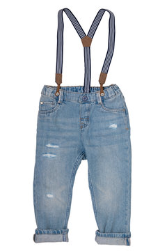 Jeans isolated. Trendy stylish blue denim pant or trousers for child boy with striped suspenders isolated on a white background. Jeans summer and autumn fashion. Front view.
