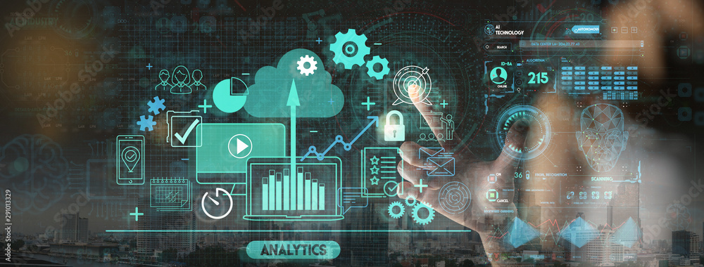 Aufkleber hand touching business data analytics process management with kpi financial charts and graph and aut
