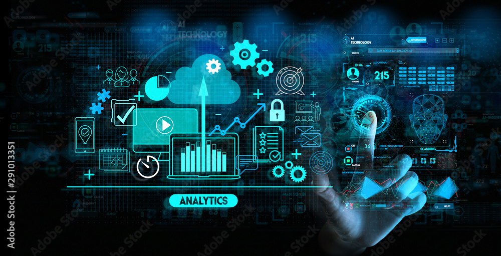 Fototapete Hand touching Business data analytics process management with KPI financial charts and graph and automated marketing dashboard.