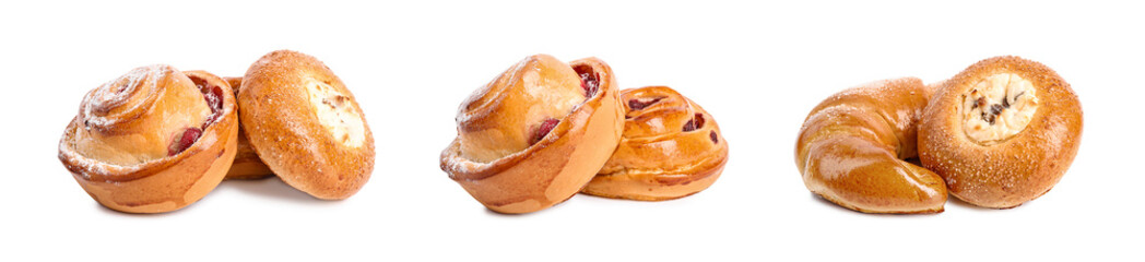 Set with different pastries on white background
