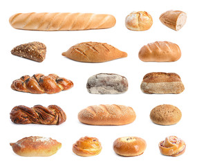 Set with different fresh loaves of bread and pastries on white background