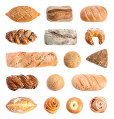 Set with different fresh loaves of bread and pastries on white background, top view