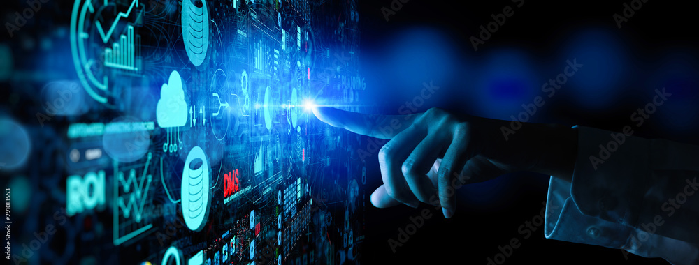 Poster Business data analytics process management with businesswoman hand touching connected gear cogs with KPI financial charts and graph and automated marketing dashboard.