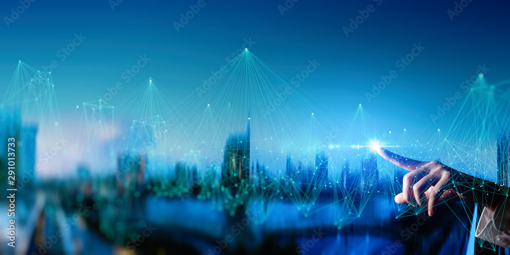 Poster woman hand touching wireless network and connection technology elements covering on abstract buildin