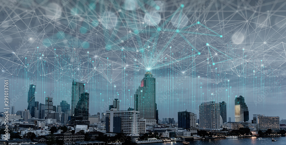 Aufkleber Wireless network and Connection technology concept covering on Abstract building city.