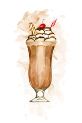Watercolour chocolate milkshake hand drawn illustration on brown paint splashes